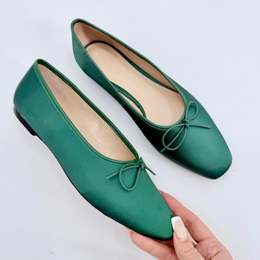 MAEVE BY ANTHRO Satin Square Toe Ballet Flats Emerald Green - Picture 2 of 9